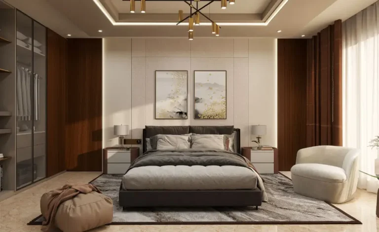 غرفة نوم Royal Wood DB-B1 بجدار خلف السرير ذي ألواح فاتحة وسطية وجانبين بنيين