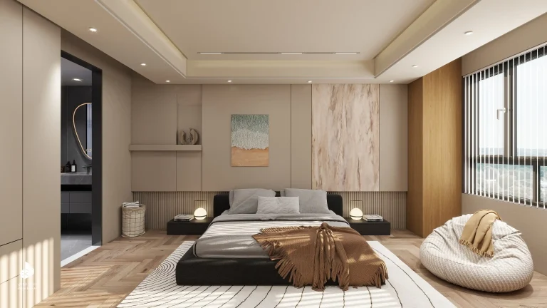 تصميم DB-B8 لجدار خلف السرير بألواح فاتحة ولوح رخامي المظهر على الجانب