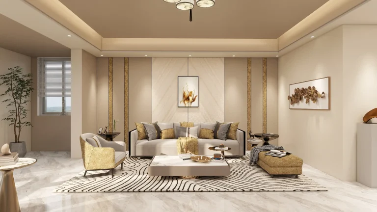 تصميم جدار صالة DB-L25 بخلفية كريمية وشرائط عمودية دافئة خلف الأريكة