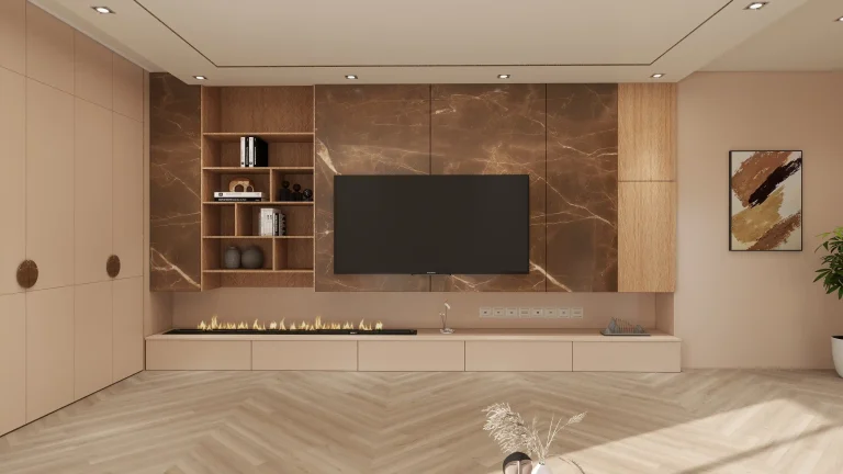 تصميم DB-T10 لديكور جدار تلفزيون بمنطقة مركزية مهيأة للشاشة بمظهر رخامي بني، ورفوف هندسية جانبية بطابع خشبي دافئ.