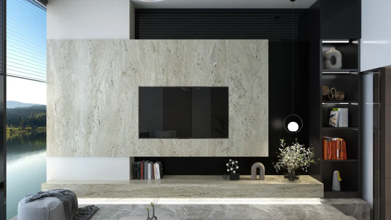 تصميم واجهة تلفزيون مودرن بلوحة فاتحة ذات مظهر حجري أمام خلفية سوداء مع منطقة مهيأة للشاشة ورفوف جانبية مضاءة