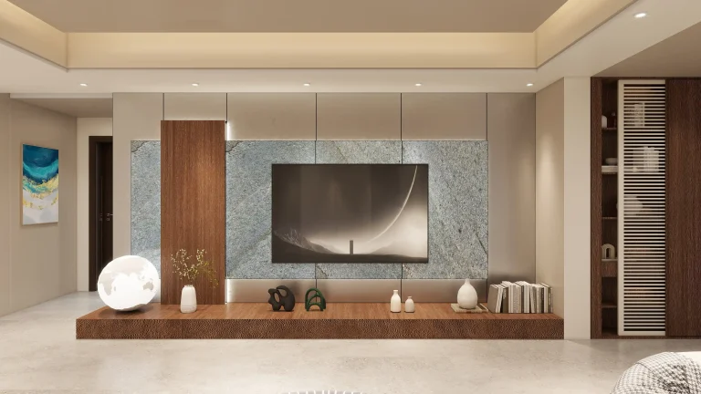 تصميم ديكور جدار تلفزيون بمنطقة مهيأة للشاشة ولوحة مركزية بمظهر رخامي أزرق رمادي وشريط بني بطابع خشبي مع إضاءة مخفية